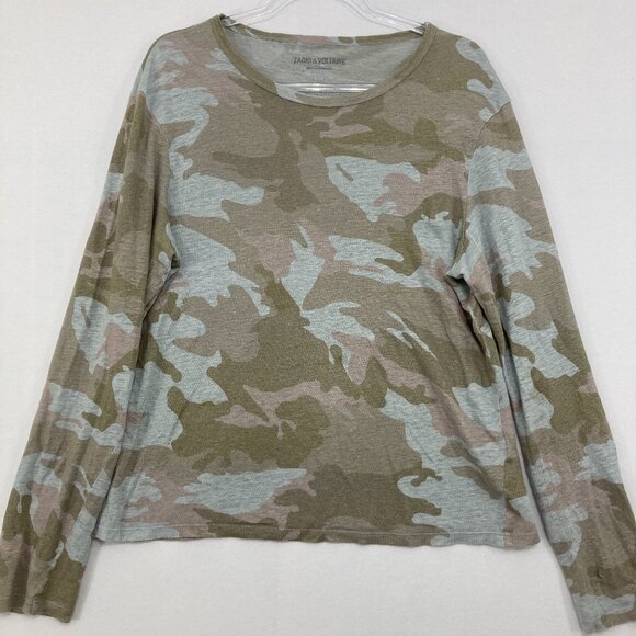 ZADIG & VOLTAIRE Small Green Willy Lin Camo Crewneck Long-Sleeve Linen Top - Picture 1 of 12